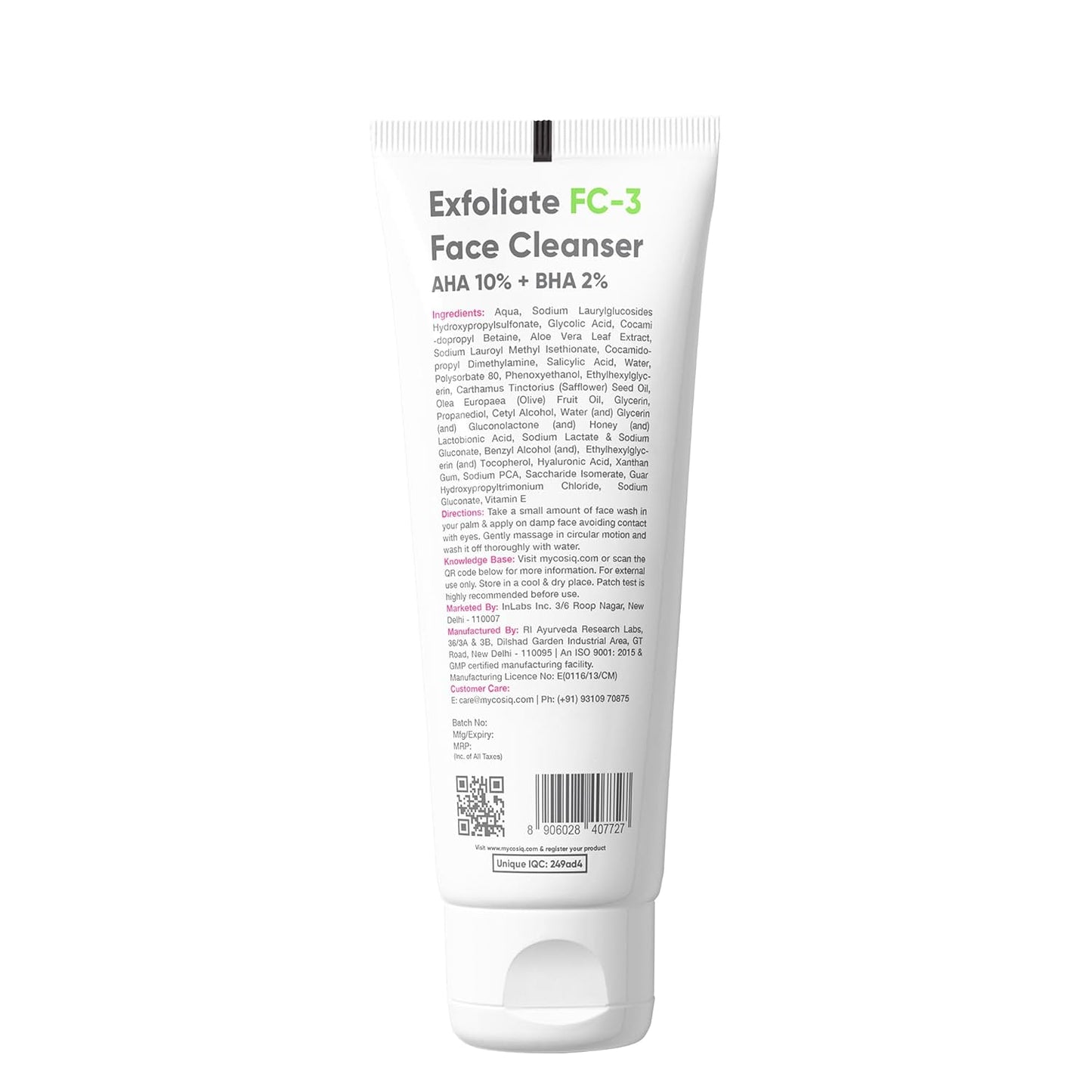 Cos-IQ Exfoliating Face Wash for Oily & Dry Skin | 2% Salicylic Acid BHA & 10% Glycolic Acid AHA | Sulphate-Free Anti-Acne Face Cleanser for Acne, Pimples, Skin Brightening, Dirt & Oil Control | 100ml