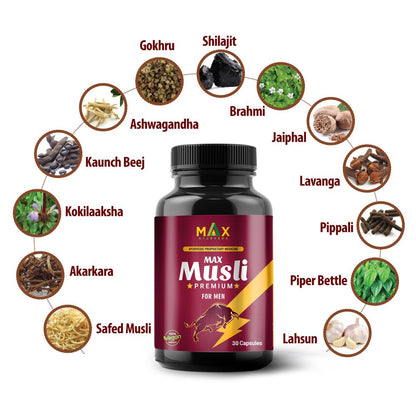 Max Ayurveda Musli Premium Capsules For Men | Strength, Power, & Vitality Booster | 100% Vegan and GMP Certified - 30 Capsules, Pack of 1