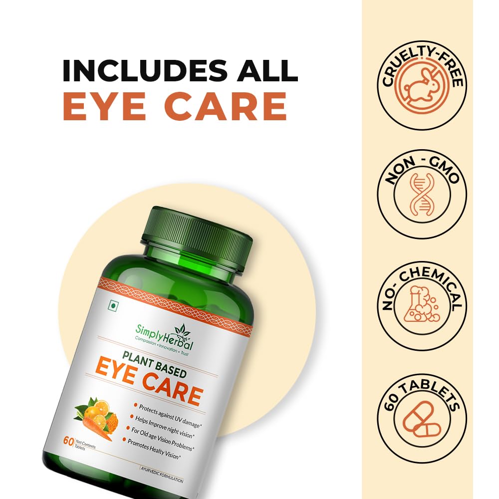 Simply Herbal Plant Based Eye Care Tablets for Healthy Eyes | Protects from Blue Light & Improves Nigh Vision for Men & Women (60 Tablets)