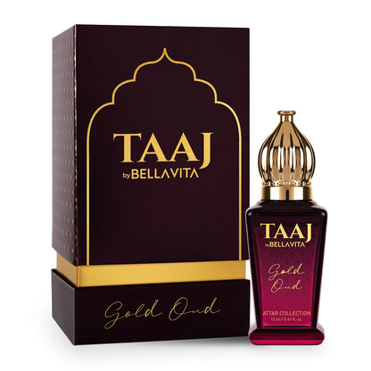 BELLAVITA TAAJ Gold Oud Unisex Long Lasting Attar for Man and Woman 12ml | Caramel, Rose, Jasmine and Orris | Non-Alcoholic Roll On | Ideal Gift for Men and Women