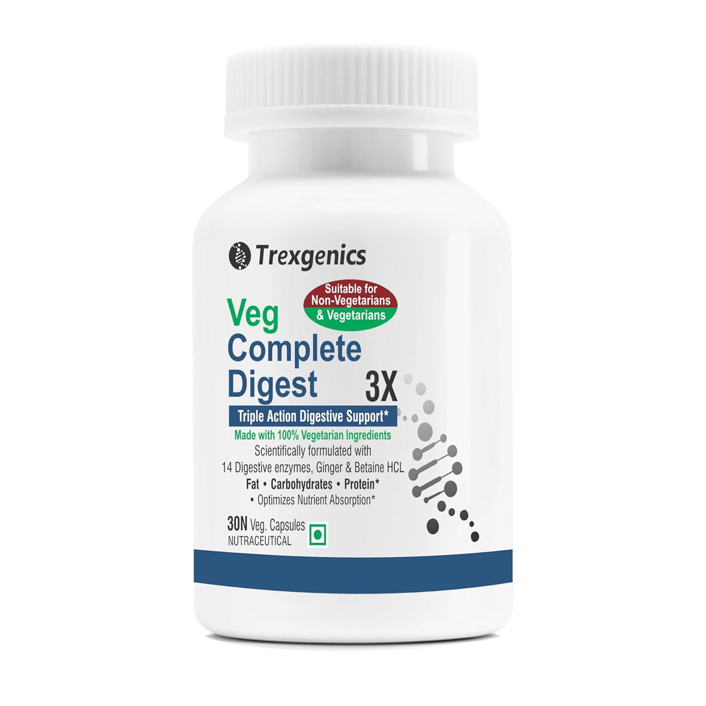 Trexgenics VEG COMPLETE DIGEST 3X, 100% Vegetarian Triple Action Digestive Support for Fat, Carbohydrates & Protein with 14 Enzymes, Ginger and Betaine HCL (30 Veg. Capsules) (Pack of 1)