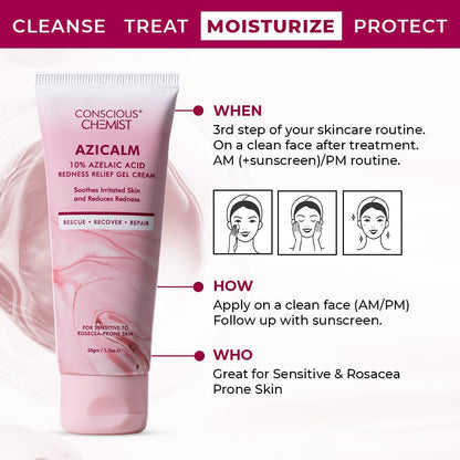 Conscious ChemistÂ® 10% Azelaic Acid Cream | 50g | Face Cream for Men & Women, Moisturizer for Acne Prone Skin, Redness Relief, Soothe Irritation & Inflammation, All Skin Types - Azicalm