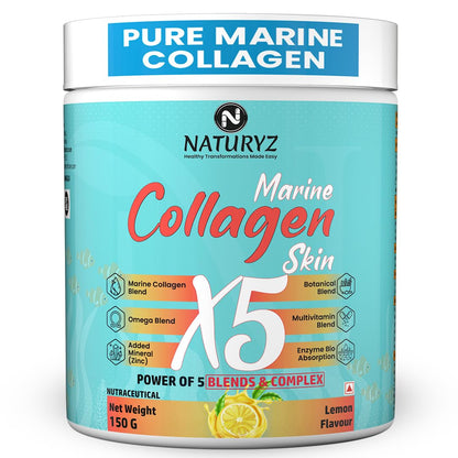NATURYZ Marine Collagen Skin X5 for Women & Men | Premium Collagen Peptides | Power of 5 Blends | Hyaluronic acid, Biotin & Vitamin E | Supports Skin Radiance, Healthy Hair, Nails, Bone & Joints â€“ 150g(Lemon Flavour)