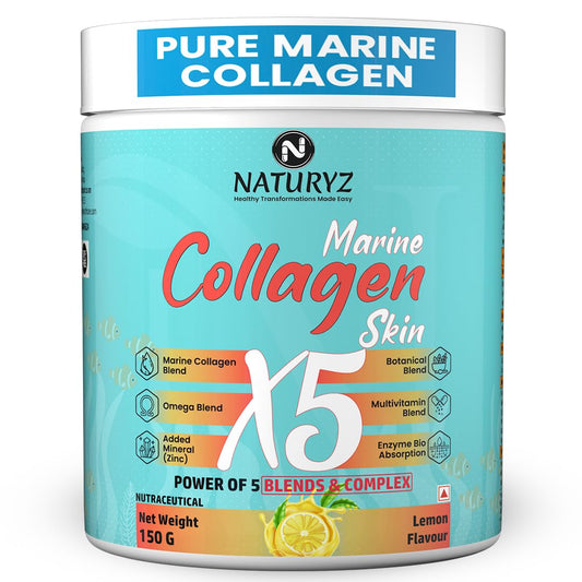 NATURYZ Marine Collagen Skin X5 for Women & Men | Premium Collagen Peptides | Power of 5 Blends | Hyaluronic acid, Biotin & Vitamin E | Supports Skin Radiance, Healthy Hair, Nails, Bone & Joints â€“ 150g(Lemon Flavour)
