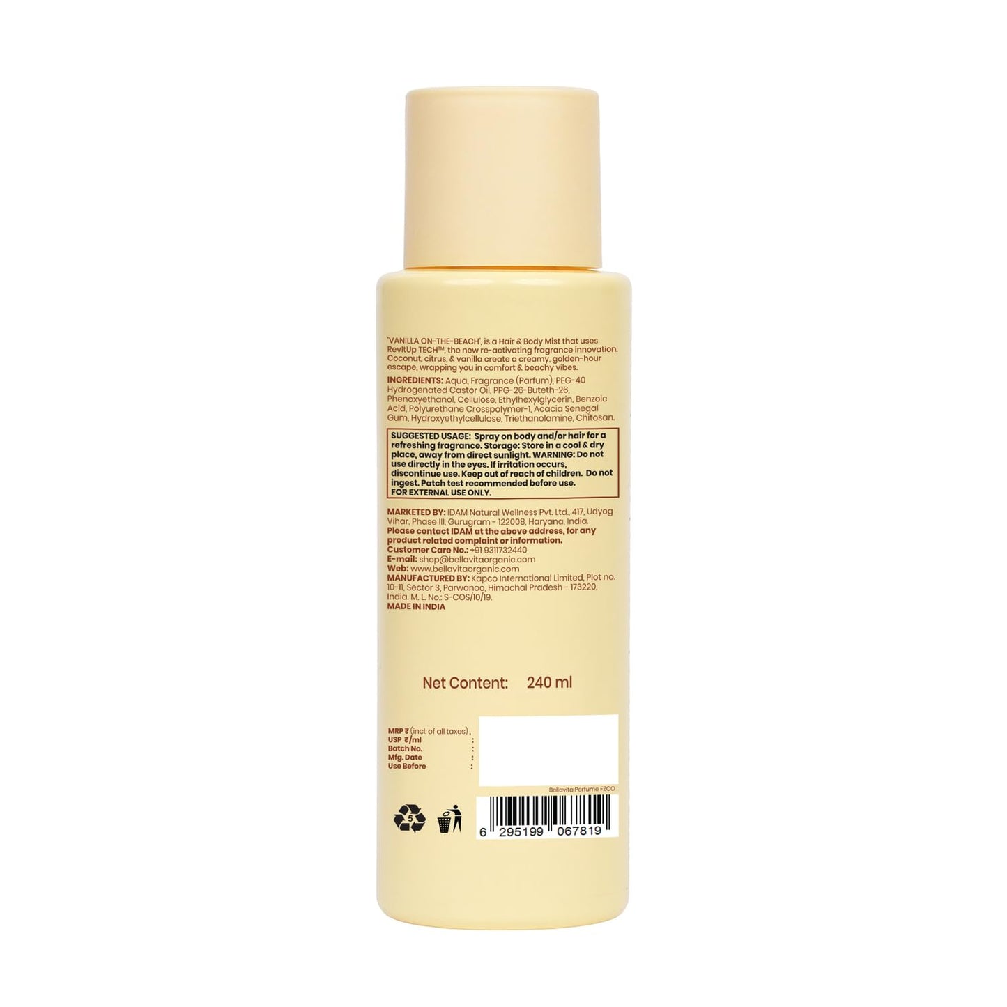 Bellavita Vanilla On-the-Beach | 2 in 1 Hair and Body Mist | 240ml | Long Lasting Premium Body Mist for Woman, Girl | Water based formulation