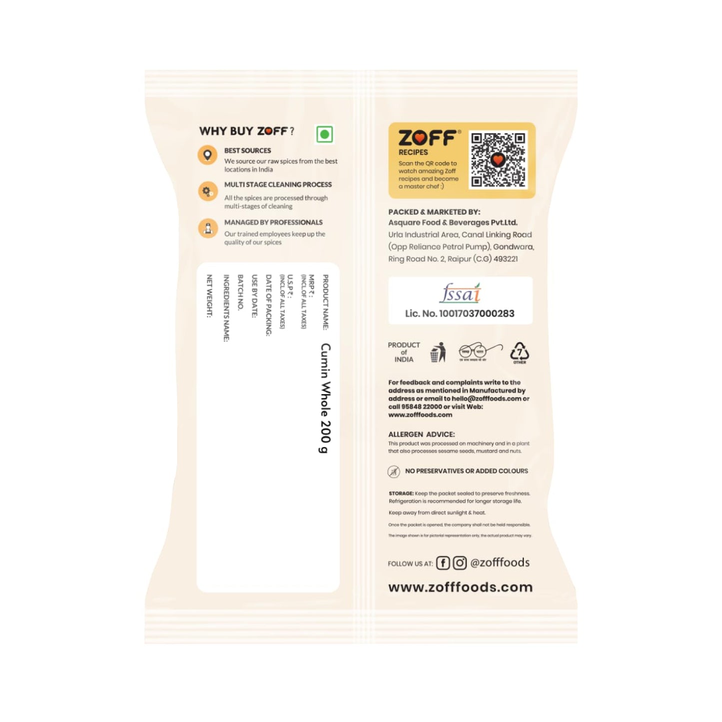 Zoff Whole Cumin Seeds Jeera 200gm - 100% Natural & Fresh - Hygienically Packed, Rich Aroma & Flavor - Nutrient-Rich Spice for Indian Cooking