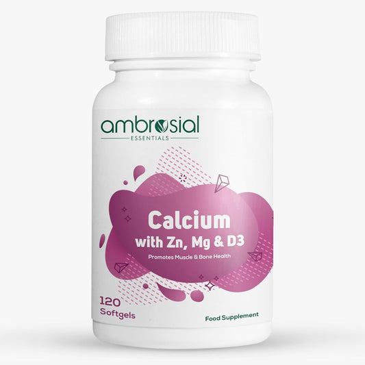 Ambrosial Calcium Magnesium Zinc & Vitamin D3| High Potency Calcium Tablets for Women & Men for Healthy Bones, Muscles & Teeth| Premium Calcium Supplements (Pack of 1-120 Softgels)