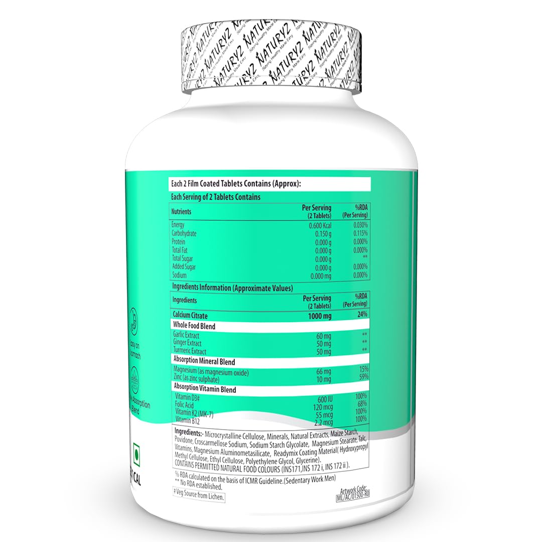 Naturyz Soft Calcium with Plant Vitamin D3 | Highest 10 Nutrients | Easy to Digest | Zinc | Magnesium | Fortified with Whole foods | Faster Absorption Triple Blend | Ideal Supplement for Bone Health & Joint Support - 60 Tablets