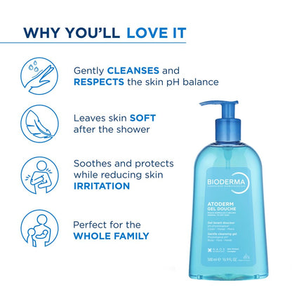 Bioderma Atoderm Gel Douche Ultra Gentle | Soap-Free Daily Use Shower Gel with Niacinamide for 24H Hydration & Glycerin| Boosts Hyaluronic Acid & Ceramides | Normal to Dry Skin (500 ml)
