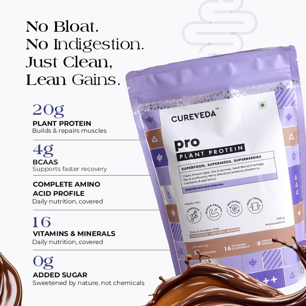 Cureveda PRO Super-3 Vegan Plant Protein powder with Superfood, Superseeds & Superberries | Chocolate (500gm)