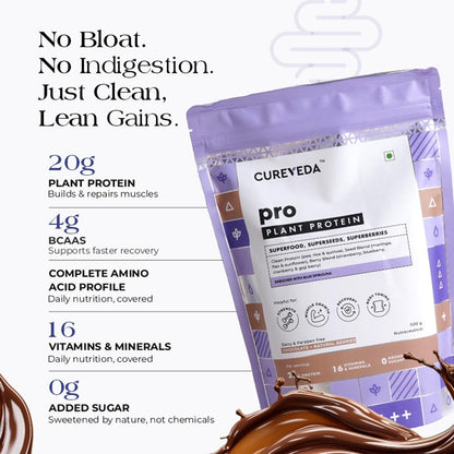 Cureveda PRO Super-3 Vegan Plant Protein powder with Superfood, Superseeds & Superberries | Chocolate (500gm)