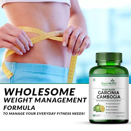 Simply Herbal Garcinia Cambogia with Green Tea and Gugul Extract for Weight Management Supplement 800 Mg HCA for Appetite Suppressant & Metabolism Boost For Men Women - 60 Veg capsule