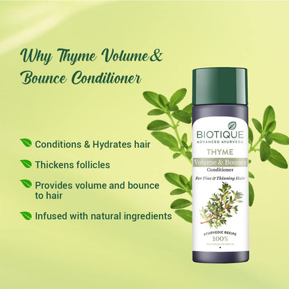 Biotique Bio Thyme Volume Conditioner Fine & Thinning Hair|Gives Volume & Bounce To Hair|Helps In Thicken Follicles|100% Botanical Extracts|Suitable All Skin Types|200 Millilitre-Peppermint,Thyme