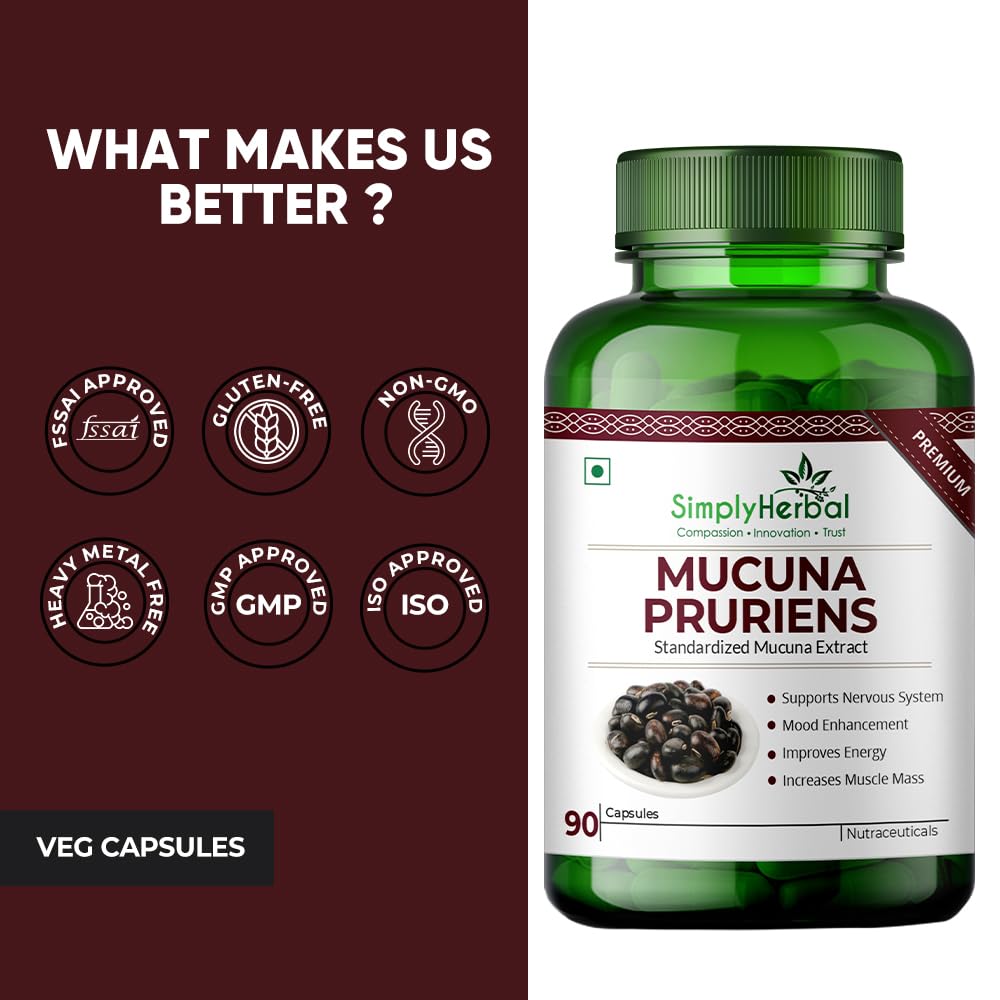 Simply Herbal Mucuna Pruriens Kapikachhu Extract Supplements 500mg, Black Kaunch Beej Dopamine Booster Complex Natural L-Dopa for Brain, Nervous & Immune System- 90 Capsules