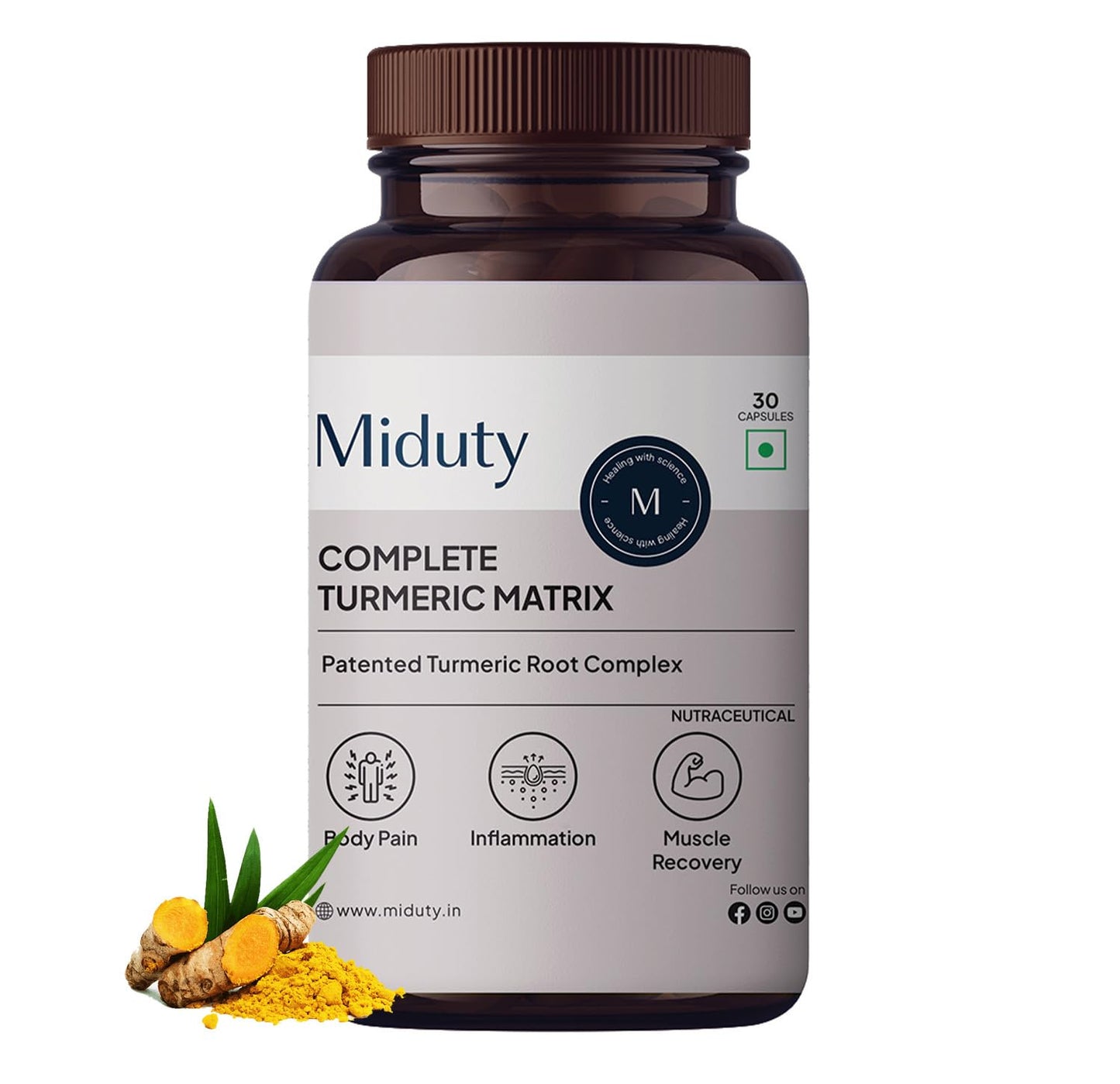 Miduty by Palak Notes Complete Turmeric Matrix Curcumin Capsules For Relieving Muscle Pain - Lower Cholesterol - Anti-inflammatory - Increase memory power - Skin Health - 30 Capsules