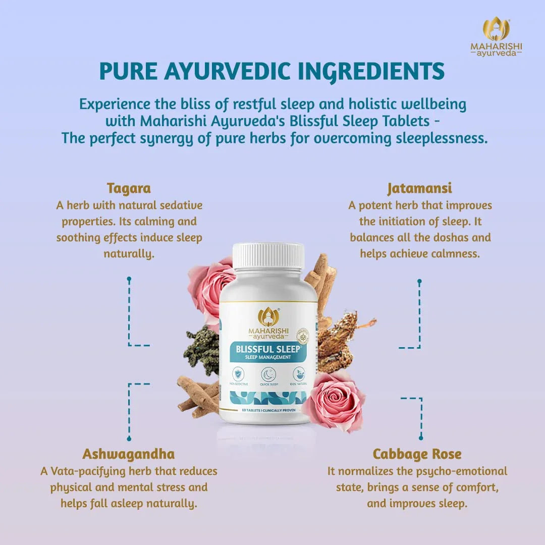 Maharishi Ayurveda Blissful Sleep Tablets For Sleep Management | Clinically Researched and Non-Habit Forming Melatonin - Free Ayurvedic Sleep Rasayanam with Ashwagandha (60 Tablets)