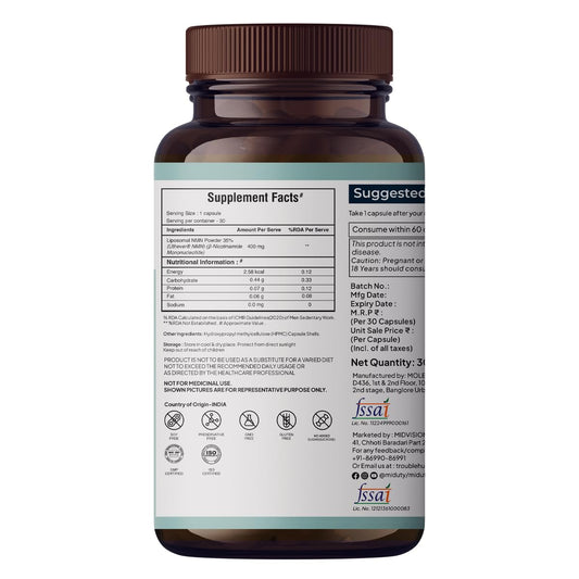 Miduty Liposomal NMN Supplement | Increase Energy levels, Metabolism & Longevity | Nicotinamide Mononucleotide for Anti-Aging, NAD+ Support & Cellular Health | NMN Capsules with Resveratrol | 30 Count