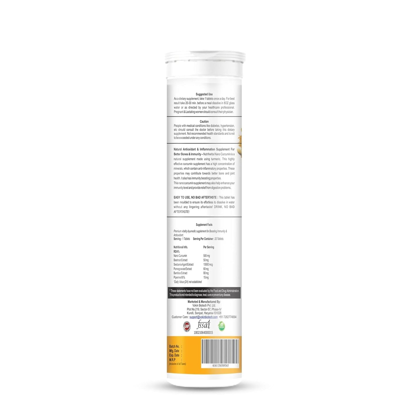 Vokin Biotech India's First Nano Curcumin Support Bone and Joint wellness Mango Flavour 20 Effervescent Tablets