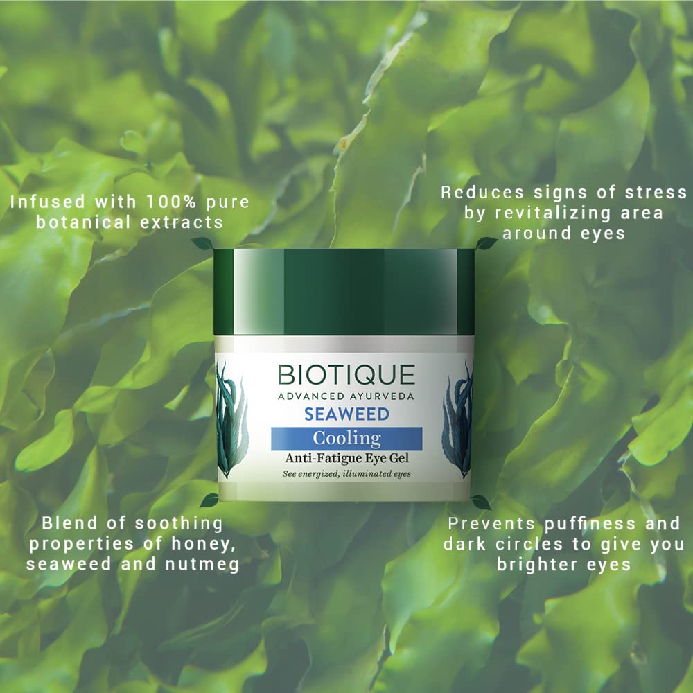 Biotique Bio Seaweed Revitalizing Anti Fatigue Eye Gel | Contains Wild Seaweed, Nutmeg, & Honey | Reduces Dark Circle and Puffiness | Suitable for All Skin Types | 15g