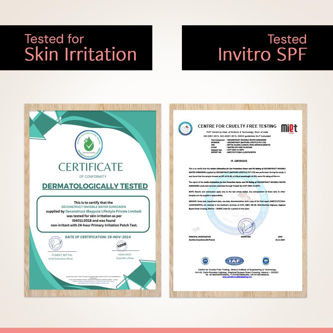 Deconstruct Invisible Water Sunscreen SPF 50 PA+++ | Instant Cooling & Freshness | 8-Hour Long Lasting Sunscreen | Broad Spectrum UVA & UVB Protection | No White Cast | For All Skin Types | 40g