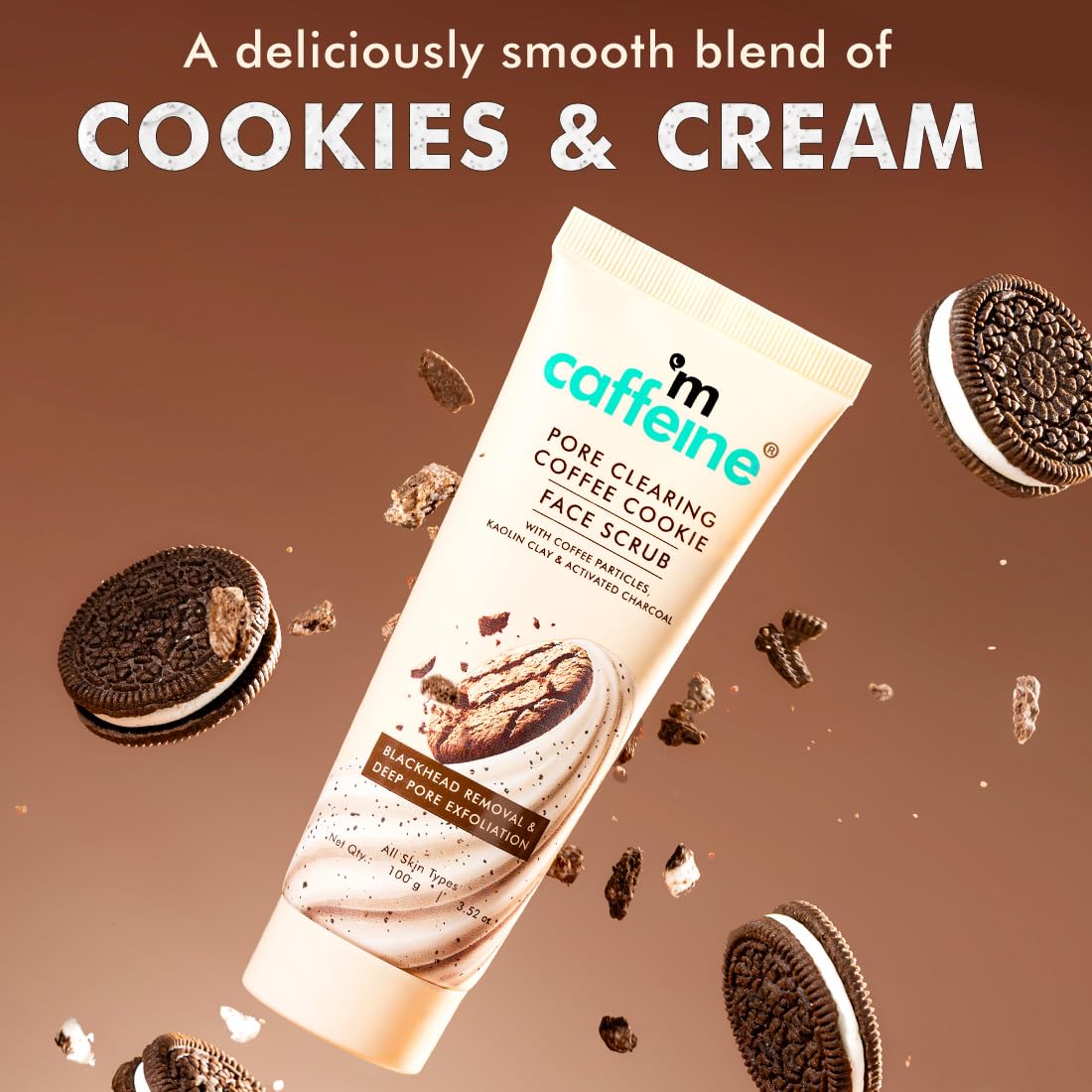 mCaffeine Pore Clearing Coffee & Cookie Face Scrub | Remove Blackheads, Detan & Exfoliate Dead Skin | 4.5% Exfoliants - Walnuts, Coffee, Charcoal, Clay | Glowing Skin Face Scrub for Women & Men - 100g