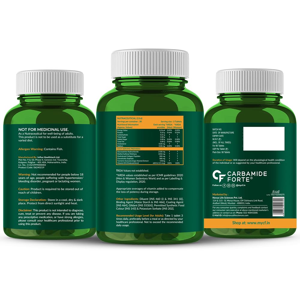 Carbamide Forte Glucosamine Tablets For Joint Support Supplement with Collagen & Glucosamine Chondroitin MSM | Joint Cartilage Support & Muscle Health | Joint Pain Tablets - 90