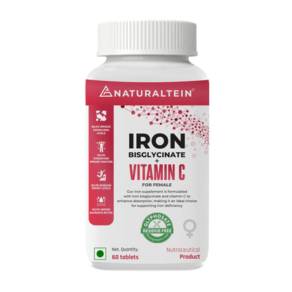 NATURALTEIN Iron Bisglycinate with Vitamin C â€“ 60 Tablets | 14 mg Elemental Iron | Gentle on Stomach | Supports Womenâ€™s Energy, Vitality & Healthy Blood Levels