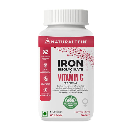 NATURALTEIN Iron Bisglycinate with Vitamin C â€“ 60 Tablets | 14 mg Elemental Iron | Gentle on Stomach | Supports Womenâ€™s Energy, Vitality & Healthy Blood Levels