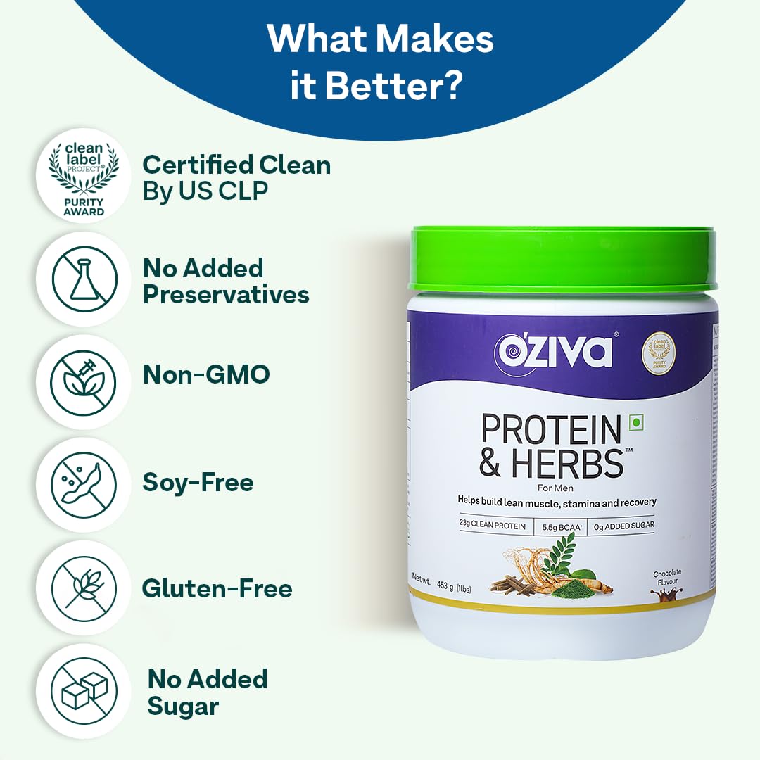 OZiva Protein & Herbs for Men (Banana Caramel) I Muscle Building, Stamina & Recovery | Clean Protein, Shatavari, Green Tea I No Added Sugar, 1lbs (453gm)