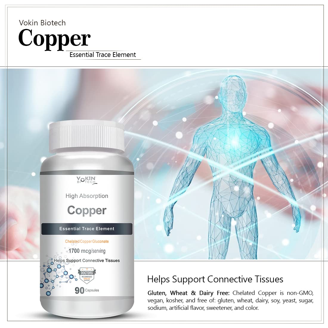 Vokin Biotech Chelated Copper Gluconate â€“ Support Connective Tissues â€“1700mcg â€“ 90 Capsules