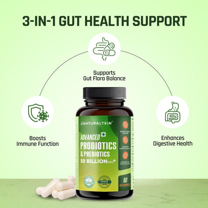 NATURALTEIN Advanced Probiotics & Prebiotics â€“ 50 Billion CFU | 60 Veg Capsules | Supports Gut Flora Balance, Digestion, Immunity & Nutrient Absorption | 9 Strain Probiotic Formula