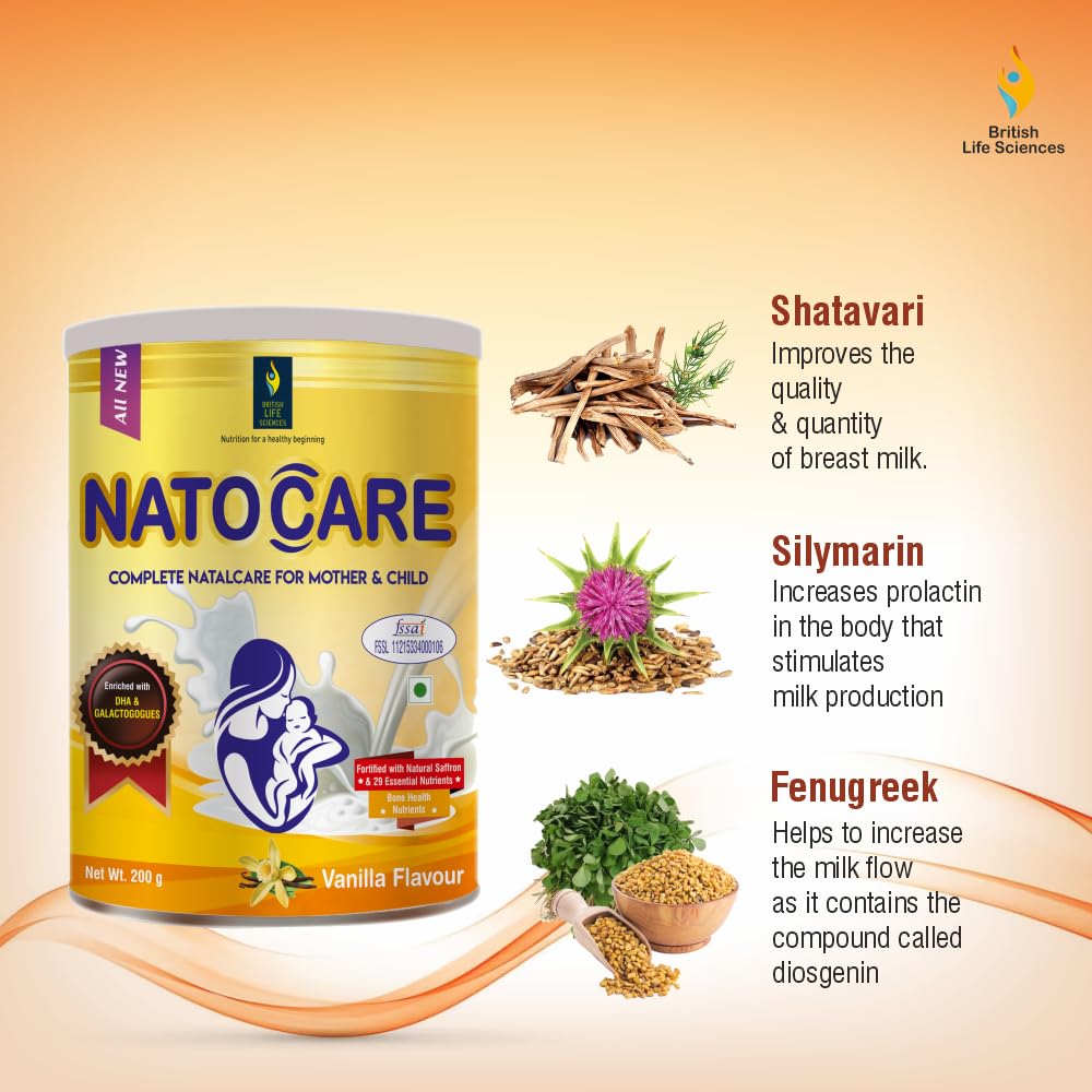 British Life Sciences Natocare Lactation Supplement | Breastfeeding Supplement | Shatavari, Silymarin & Fenugreek Extracts | Healthy Breast Milk Supply | Calcium & Vitamin D | Vanilla Flavor | 200g