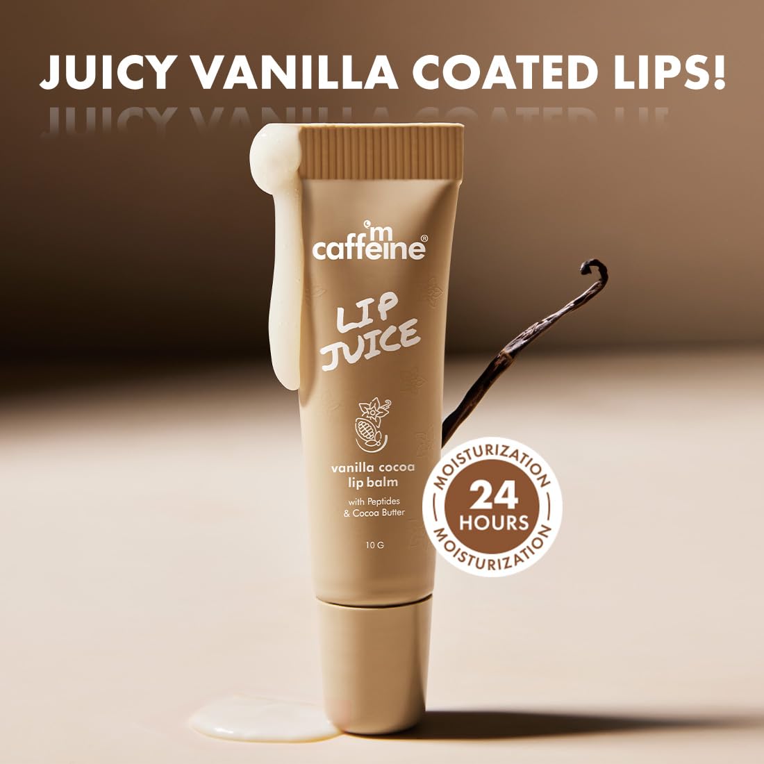 mCaffeine Lip Juice Vanilla Cocoa Lip Balm | 24 hrs Moisturization | Sweet Vanilla Flavor | With Peptides, Cocoa Butter & Vitamin E | Heals Dry & Chapped Lips | Lip Balm For Men & Women - 10g