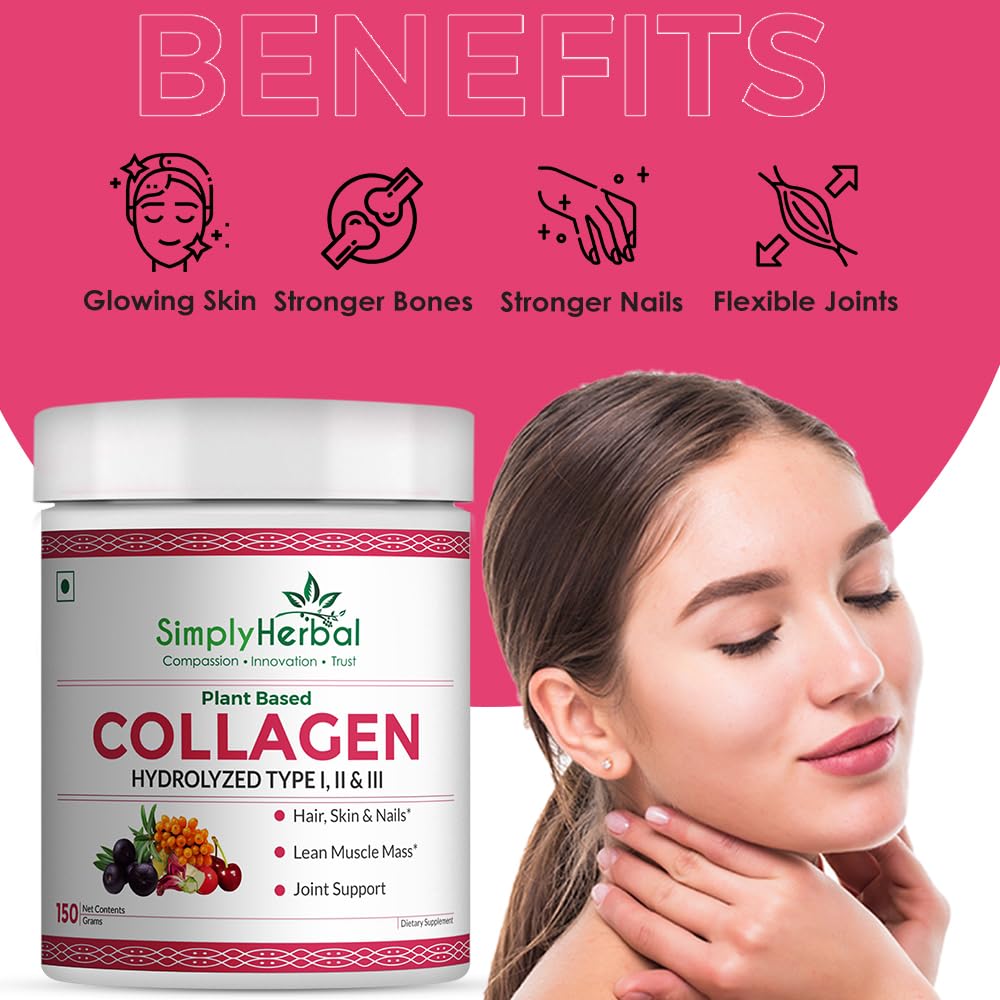 Simply Herbal Plant Based Collagen Powder Natural Peptide Builder Supplement Drink With Vitamin C, Silica, & Biotin For Skin Hair Nail Health Promote Bone Joint Function for Men & Women â€“ 150 gm