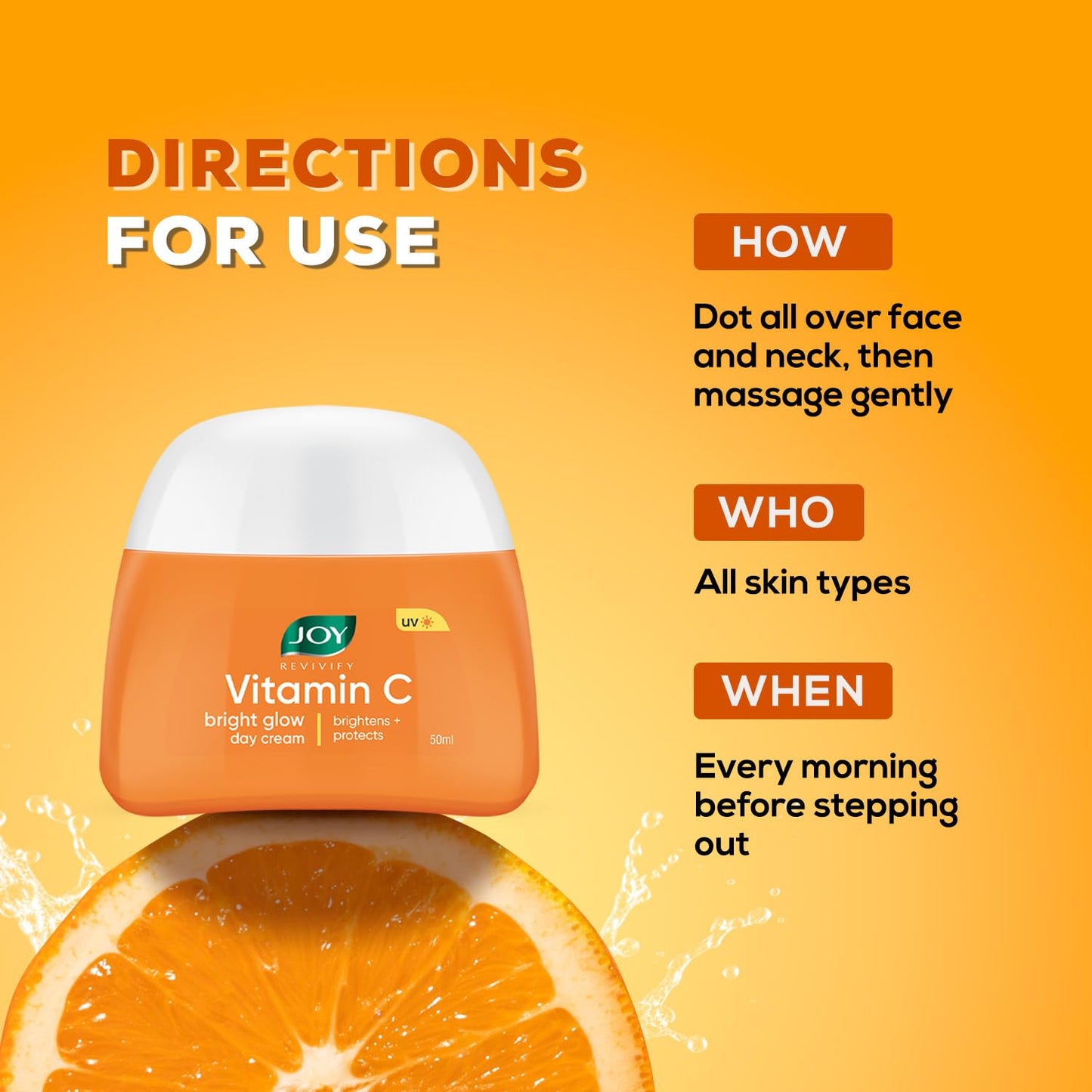 Joy Vitamin C Skin Brightening Face Cream with Kakadu Plum for Brighter Skin in 4 Days | Boosts Glow, Fades Dark Spots, Fights Ageing & Protects from Sun Damage | Oil Free Face Moisturizer - 50ml