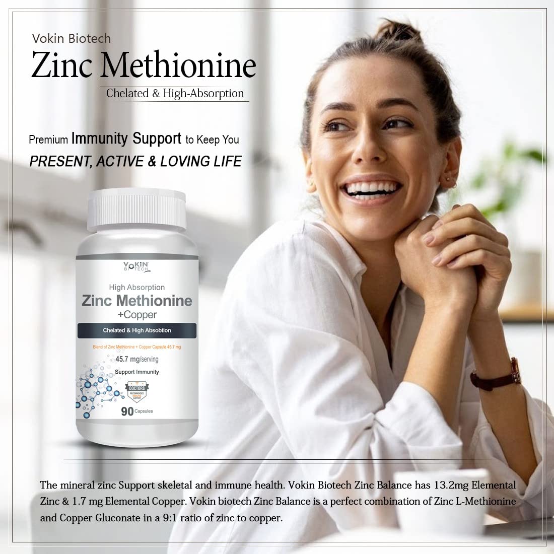 Vokin Biotech Zinc Methionine Plus Copper, Supports Immunity 90 Capsules