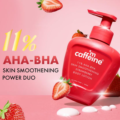 mCaffeine 11% AHA BHA Strawberry Body Lotion for Skin Smoothening | Gently Exfoliates Dead, Dry, Even Tones Skin | 72hr Moisturization | Juicy Strawberry Scent, For Men & Women-200ml