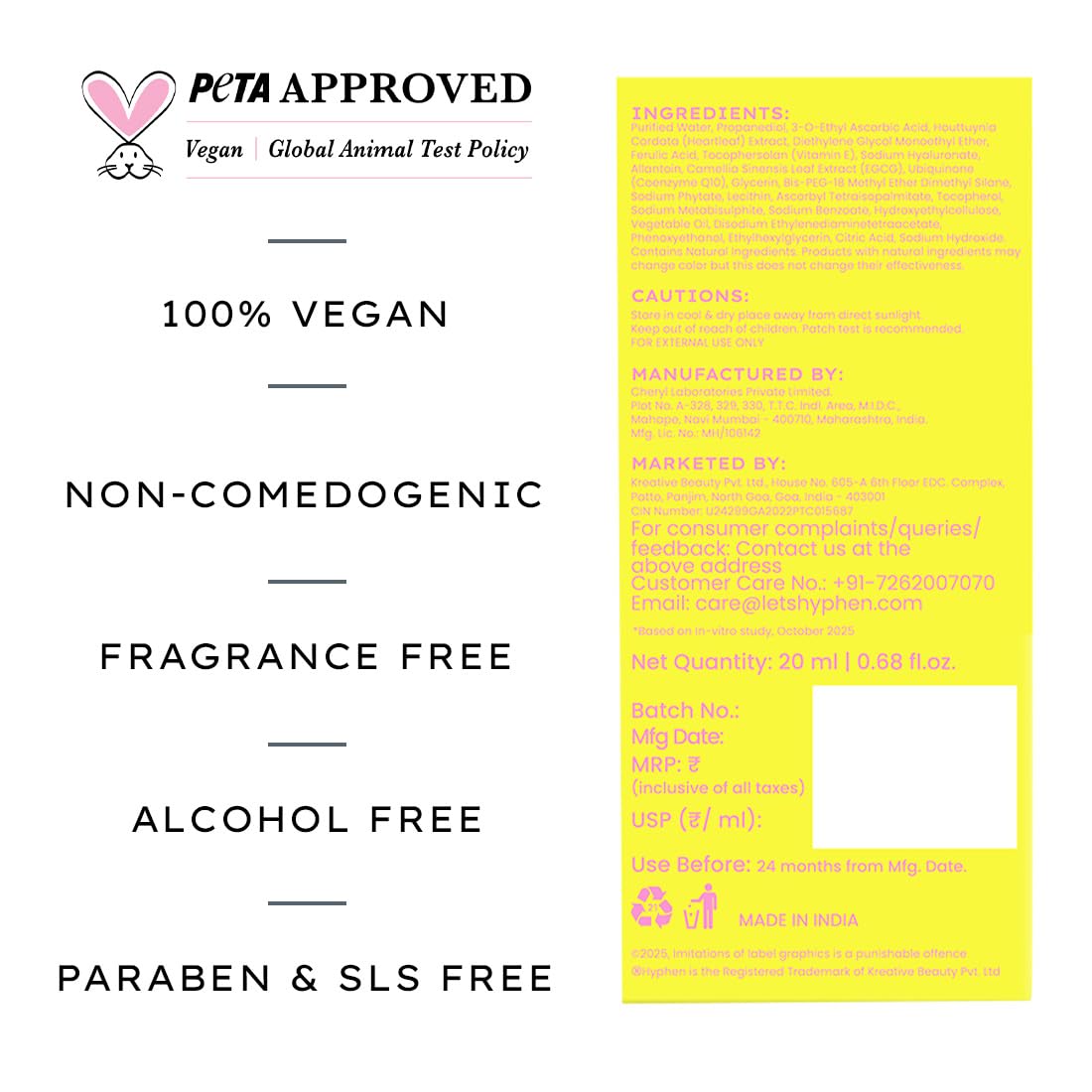 Hyphen 10% Vitamin C, 1% Vitamin E & Ferulic Acid Serum| Clinically Tested to Brighten, Treat Dark Spots & Pigmentation | 12Hr Slow Release Formula| Non-Irritating, Suitable for Sensitive Skin â€“ 20ml