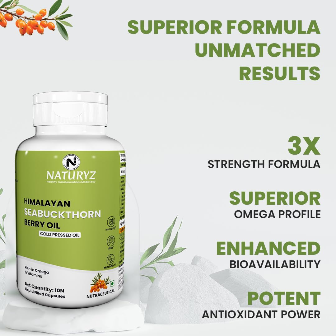 NATURYZ Himalayan Sea Buckthorn Berry Oil Triple Strength 1120mg | Cold-Pressed Vegetarian Omega 7 + Omega 3-6-9 | Skin Glow, Immunity & Gut Health Supplement | High Absorption | Non-GMOâ€“ 10 Liquid Fill Capsules