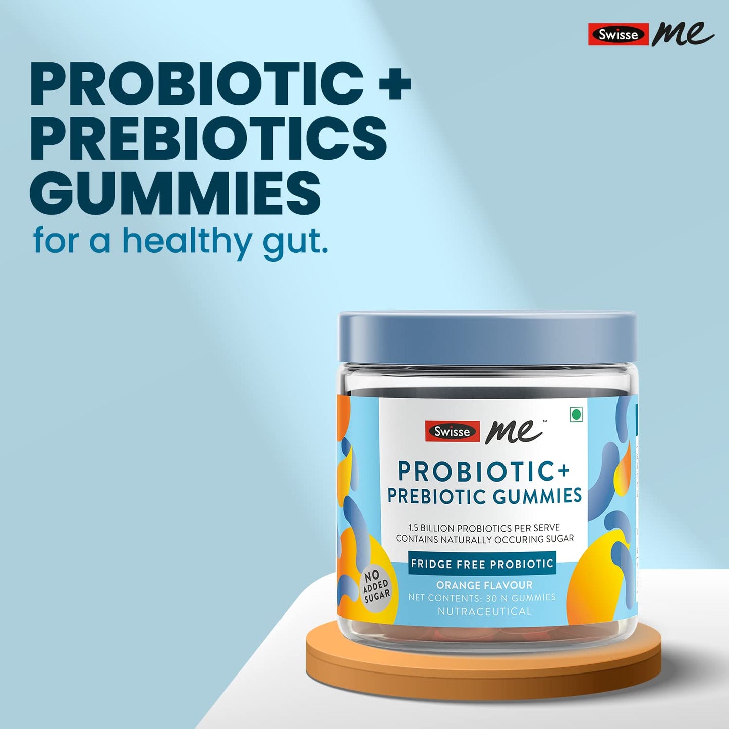 SwisseMe Probiotics Prebiotic Gummies - Probiotic Supplement With 1.5 Billion CFU, Zero Added Sugar Fridge Free Probiotic - 30 Gummies (One Gummy Per Serving, Orange Flavour)