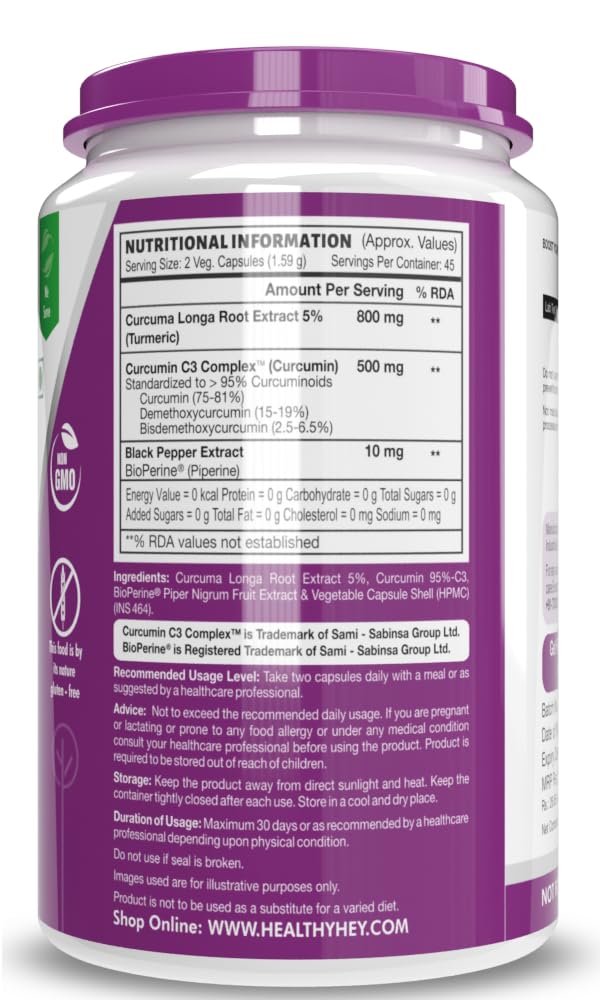HealthyHey Nutrition Curcumin with Bioperine 1310mg (Ultra Pure) | 90 Vegetable Capsules with Piperine