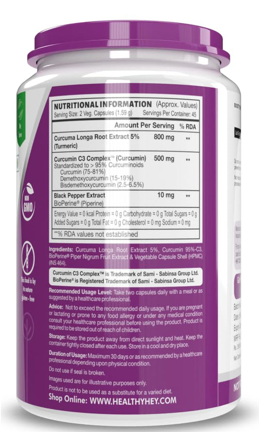 HealthyHey Nutrition Curcumin with Bioperine 1310mg (Ultra Pure) | 90 Vegetable Capsules with Piperine