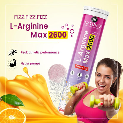 Naturyz L-Arginine Max 2600 Effervescent Tablets | Boosts Stamina | Increases Blood Flow | Improves Performance | Pre-workout Supplement 20 capsules (Orange Flavour), 1 count