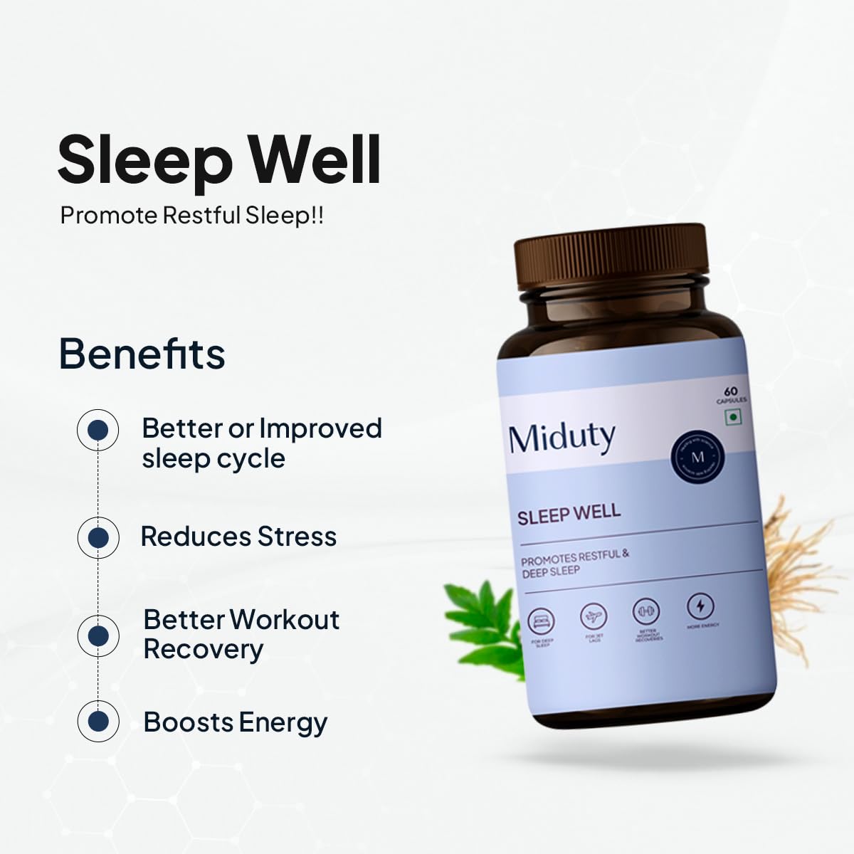 Miduty by Palak Notes Sleep Well Capsules - Melatonin - Promote Restful Sleep - Helps in Deep Sleep - Refreshing Night Rest- Pack of 60 Capsules