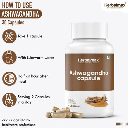 Herbal Max Ashwagandha General Wellness Capsules â€“ 30 Veg Capsules 800mg | Ayurvedic Supplement for Stress Relief, Performance, Immunity & Energy