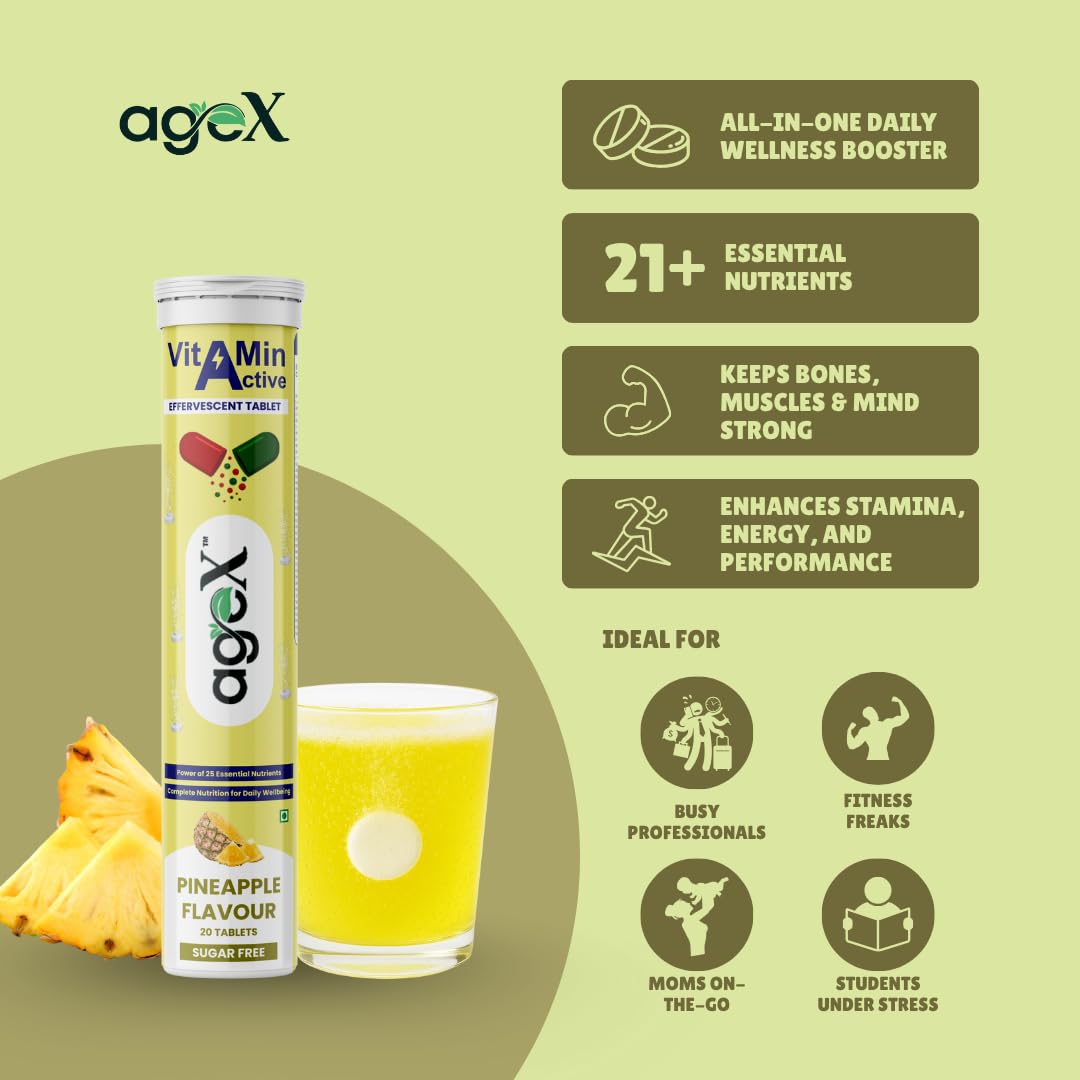 Daily Multivitamins - 21 Fast-Acting Vitamins & Minerals with Vit C, B3, B12, Zinc and Iron for Immunity, Energy & Heart Health - 20 Effervescent Tablets - Pineapple (Pack of 1)
