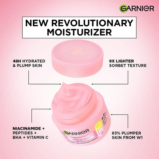Garnier Fresh & Plump Niacinamide Sorbet Moisturizer Cream, 4.5% Niacinamide + Peptide + BHA + Vitamin C, 9x Lighter Sorbet Cream, For Hydrated and Plump Skin, Suitable for Oily to Normal & Combination Skin, 45g