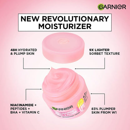Garnier Fresh & Plump Niacinamide Sorbet Moisturizer Cream, 4.5% Niacinamide + Peptide + BHA + Vitamin C, 9x Lighter Sorbet Texture, For Hydrated and Plump Skin, Suitable for Oily to Normal & Combination Skin, 90g