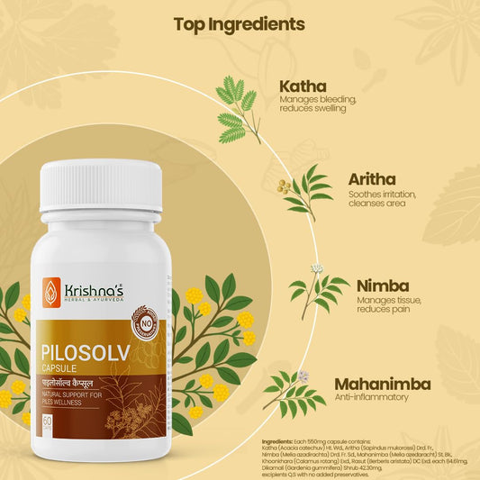 Krishna's Pilosolv Capsules | Herbal & Natural Formula for Digestion | Ayurvedic Supplement - 60 Caps