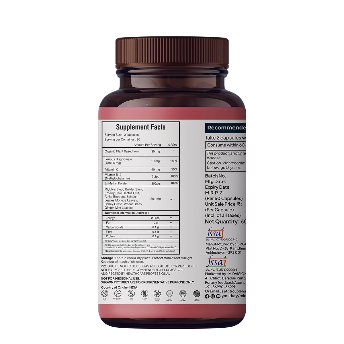 Miduty by Palak Notes Organic Blood Builder, Anemia Supplement, Green Amla, Barley Leaves, Beet Root, Organic Iron Supplement, Hemoglobin Booster, Increase HB, Organic Blood Builder Pack - 60 Caps